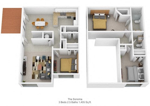 3 bedroom 2.5 bathroom floor plan A at Harpers Point Apartments, Ohio, 45249